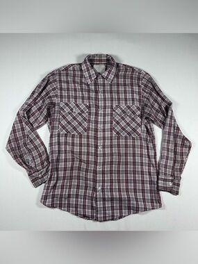 Vintage 70s Fieldmaster Sears Plaid Shirt Mens L Red Brown Perma-Prest USA Made